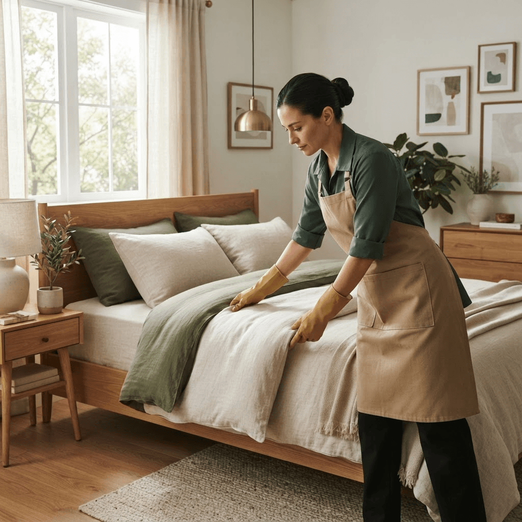 A housekeeper carefully attending to a home, mid-task and unposed.