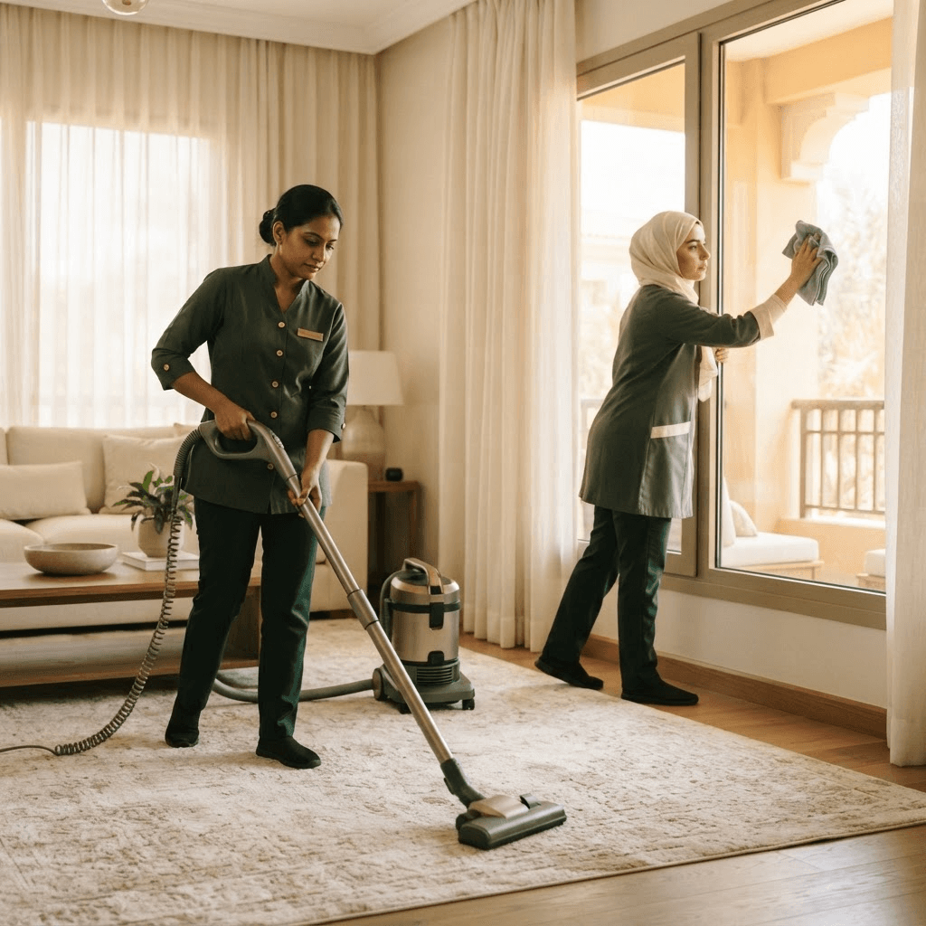 Three professional cleaners actively vacuuming, wiping windows, and scrubbing a kitchen countertop in a bright modern home.