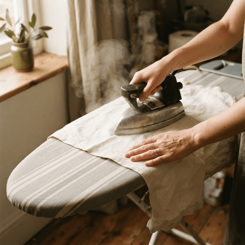 A professional cleaner ironing a crisp white shirt on a clean ironing board.