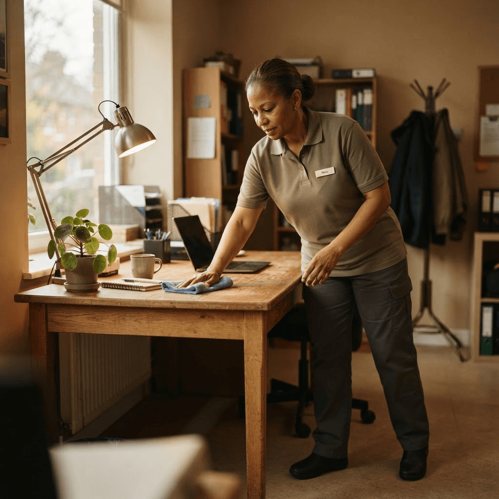 A professional cleaner in a blue uniform wiping a modern office desk beside a computer.